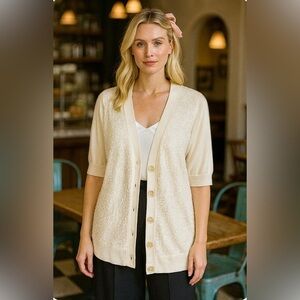 🆕Talbots sequin cardigan w/5 pearl colored buttons & 3/4 sleeves, V  neckline